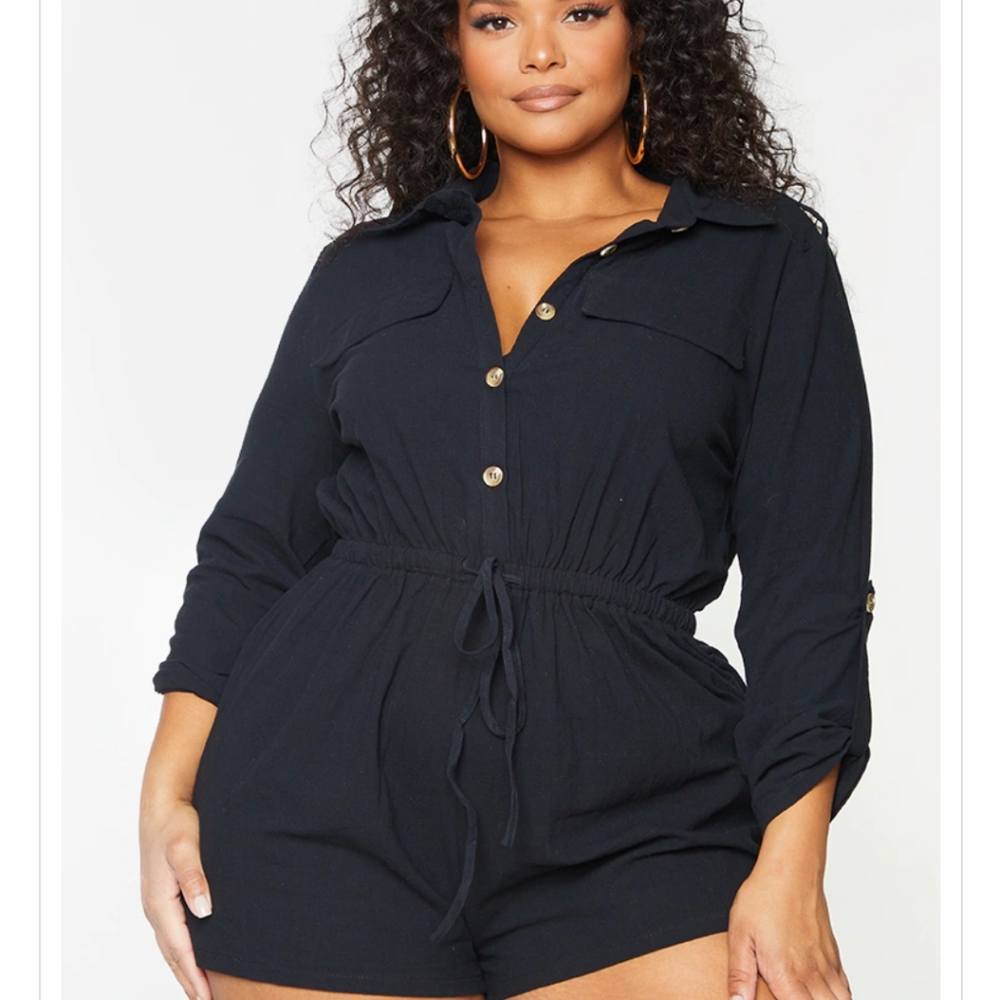 Pretty Little Thing Black Button-Up Romper Size 14 NWT Collared Utility Style